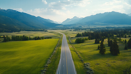 Naklejka premium Aerial view of a long asphalt road through green meadows and mountains