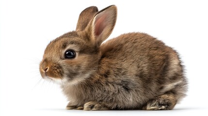 Obraz premium Adorable Little Brown Rabbit Sitting Still on White Background