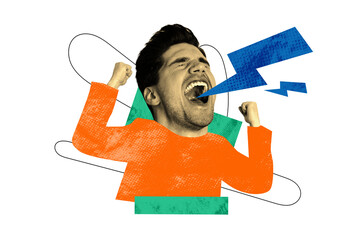 Composite photo collage of happy excited man scream lightening fist hand success gesture lucky...