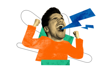 Composite photo collage of happy excited man scream lightening fist hand success gesture lucky winner isolated on painted background