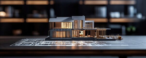 Building house on blueprint among project and construction concept. Detailed architectural model showcasing modern design and aesthetics.