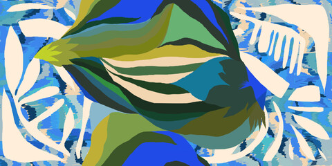 Abstract exotic leaves and shapes pattern. Collage contemporary unique print. Fashionable template for design.
