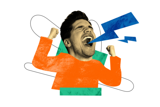 Composite photo collage of happy excited man scream lightening fist hand success gesture lucky winner isolated on painted background