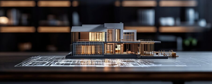 Building house on blueprint among project and construction concept. Detailed architectural model showcasing modern design and aesthetics.