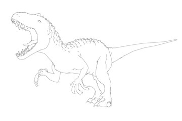 A dinosaur is shown in a white background. The dinosaur is drawn in black and white. The dinosaur is shown in a running position