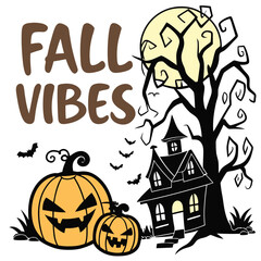 Vector Halloween Illustration With Pumpkins Haunted House Moon And Fall Vibes Text