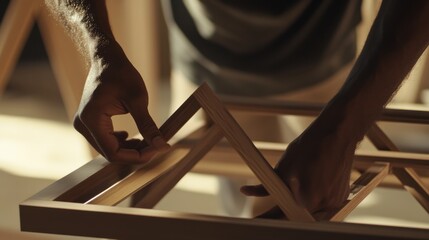 Carpenter assembling wooden frame for door. Featuring craftsmanship and attention to detail