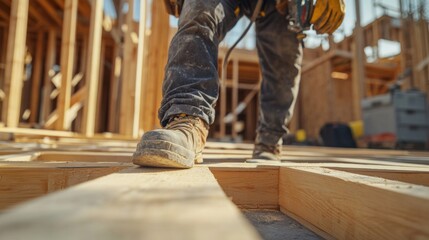 Carpenter installing door frames at a building site. Featuring skill and accuracy