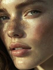 Fototapeta premium Portrait of a young woman with freckles bathed in golden light with captivating eyes