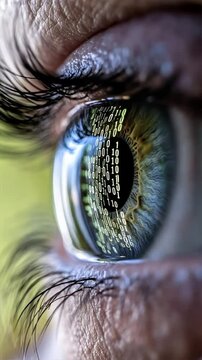 Eye with binary code reflecting in the iris, code lines, code flow, flowchart programming, data flow, Code Visualization