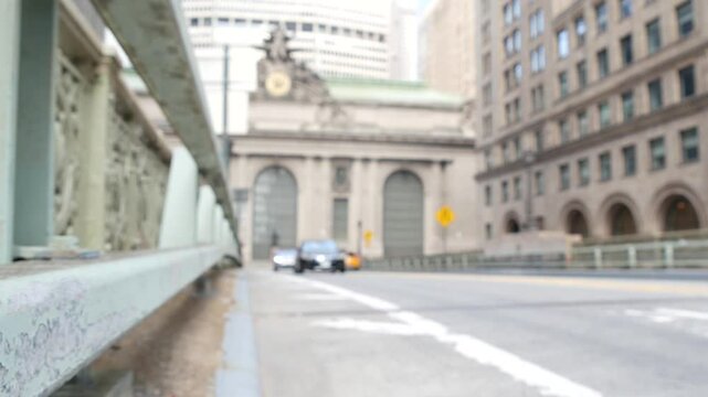 New York City Grand Central Terminal railway station building architecture, 42 street. Manhattan Midtown. Yellow taxi cab, car transport, Pershing Square bridge, NYC, USA. American urban road traffic.