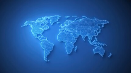 Obraz premium A digital illustration of a world map in blue tones, featuring a network of lines connecting various regions, symbolizing global connectivity.