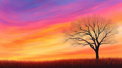 Obraz premium Dramatic Sunset with Silhouette of Leafless Tree Against Colorful Sky
