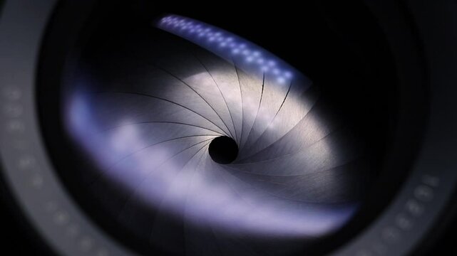 Camera lens close up. Opening and closing aperture. Light reflections. Movement. Large format professional camera