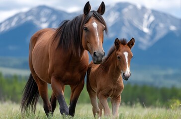 A beautiful brown horse and her foal run on the green grass of the prairie, against the backdrop of blue mountains