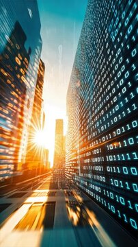 Dynamic cityscape with digital binary code flowing through the air, code lines, code flow, flowchart programming, data flow, Code Visualization
