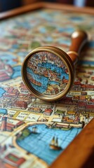 Magnifying glass highlights a vintage map of a coastal city with canals and buildings