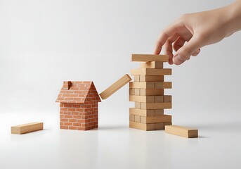 Hand carefully removing wooden block from precarious tower near brick house model clean background