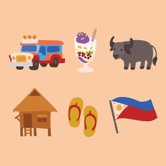Philippine Culture Icons Vector Set – Jeepney, Carabao, Bahay Kubo hut, Tsinelas flipflops, Flag, Halo-Halo