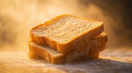 Stack of toasted bread slices, sunlight, steam