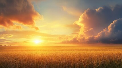 Golden Sunrise Over Vast Open Field with Soft Clouds Illuminating the Horizon at Dawn