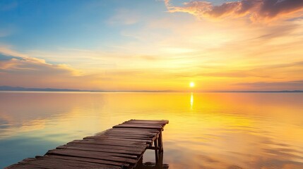 Serene Sunset Over Calm Water with Wooden Dock Stretching Into Tranquil Landscape Scene