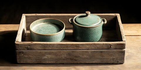 vintage military equipment, wooden crate holds canteen and mess kit from wwii, illuminated to showcase scratches and wear for dramatic effect