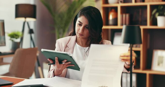 Reading, tablet and documents with woman in home office for virtual assistant, paperwork and networking. Feedback, administration and proposal schedule with person for information and research