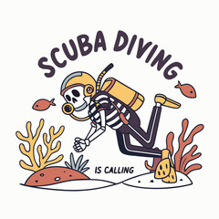 Funny Skeleton Scuba Diving Vector Illustration With Sea Life