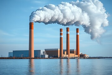 Obraz premium A tall building with smokestacks emitting white plumes above a large body of water under clear blue skies