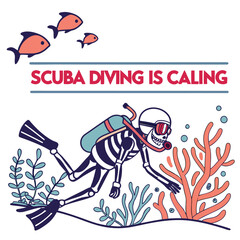 Underwater Adventure With Skeleton Diver Exploring Coral Reef And Friendly Fish