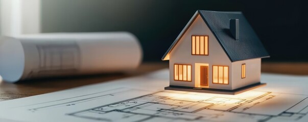 Building house on blueprint highlighting dwelling and project concept. A detailed architectural model on blueprints showcasing design.