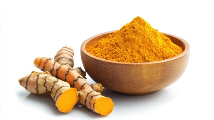 Fresh Turmeric Roots and Powder in a Wooden Bowl on a White Background