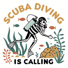 Humorous Scuba Diving Skeleton Illustration Underwater Adventure Theme With Text And Fish