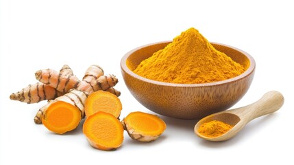 Fresh Turmeric Root and Ground Spice in Wooden Bowl with Spoon on White Background