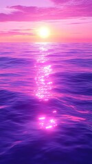 Obraz premium Ocean horizon sunset casting a shimmery, pink glow upon rippling waves with cloudy sky