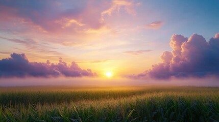 Fototapeta premium Serene Landscape at Sunrise with Vibrant Colors Over Majestic Fields and Soft Clouds in Sky