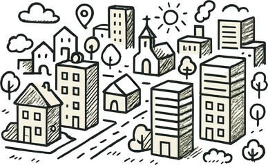 Hand-drawn urban cityscape with buildings and trees for architectural design concepts