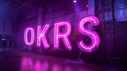 Large Neon OKRS Letters in a Dimly Lit Industrial Space with Reflective Surfaces
