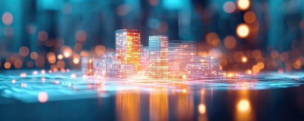 Obraz premium Building house on blueprint with dwelling and plan concept. Futuristic cityscape with illuminated buildings and digital elements.