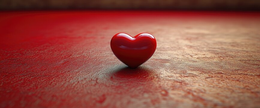 A red heart sits on a textured, red surface with a warm, inviting lighting