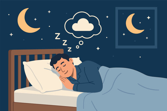 Peaceful night sleep with dreaming man in cozy bedroom under starry sky