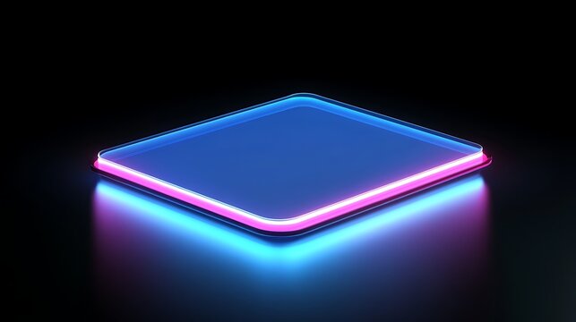 Modern floating neon square rectangle frame glowing with soft animated blue and pink light motion against dark background futuristic minimal 3D render