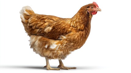 Brown Hen Standing Isolated on White Background Farm Animal