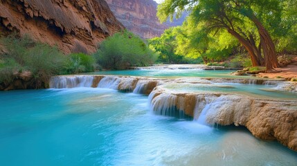 Tranquil Waterfall Surrounded by Lush Greenery in a Serene Natural Landscape
