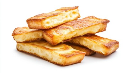 Crispy Golden Brown Fried Cheese Sticks Piled High on White Background for Culinary Delight