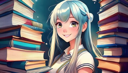 AnimeStyle Girl Amidst Stacks of Books Vibrant Colors and Deep Emotion Radiate from a Quiet Study, Depicting the Fascination of Learning.