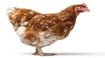 Fototapeta premium Brown Hen Standing Profile on White Background Poultry Farming
