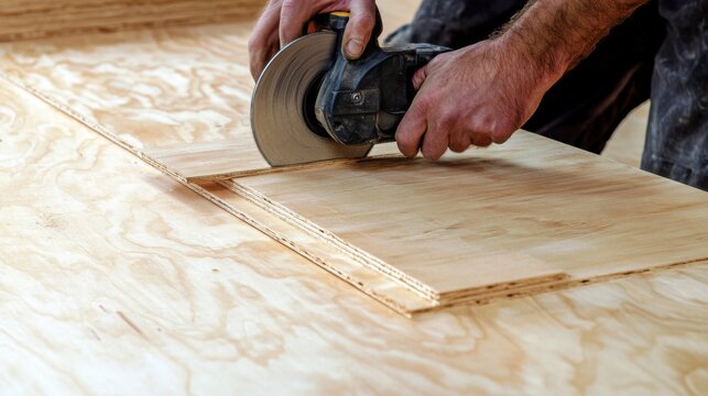 Carpenter cutting plywood with circular saw. Featuring craftsmanship and precision