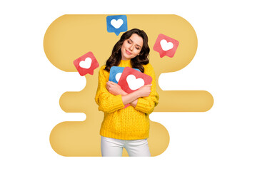 Photo collage creative picture young woman social network receive feedback smm targetologist increase popularity drawing background